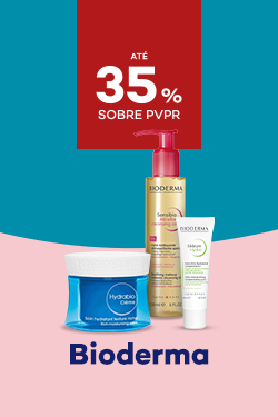 Marca Bioderma com destaque promocional de até 35% sobre preço de Venda ao Público Recomendado